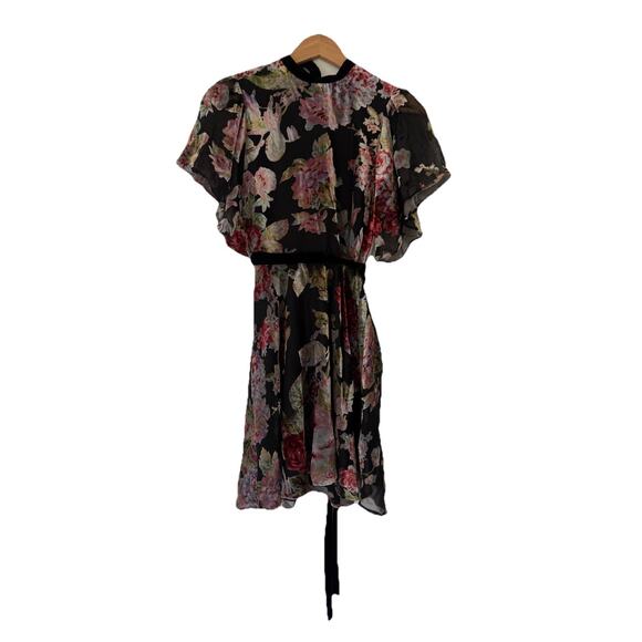 ZARA Devore Floral Burnout Velvet Mini Dress Tie Waist XS Whimsigoth Romantic - Picture 3 of 15